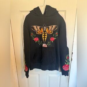 Embroidered Black Hoodie with Moth and Roses